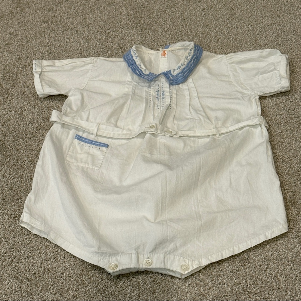 Vintage Classic White and Blue Detail Baby Romper One Piece